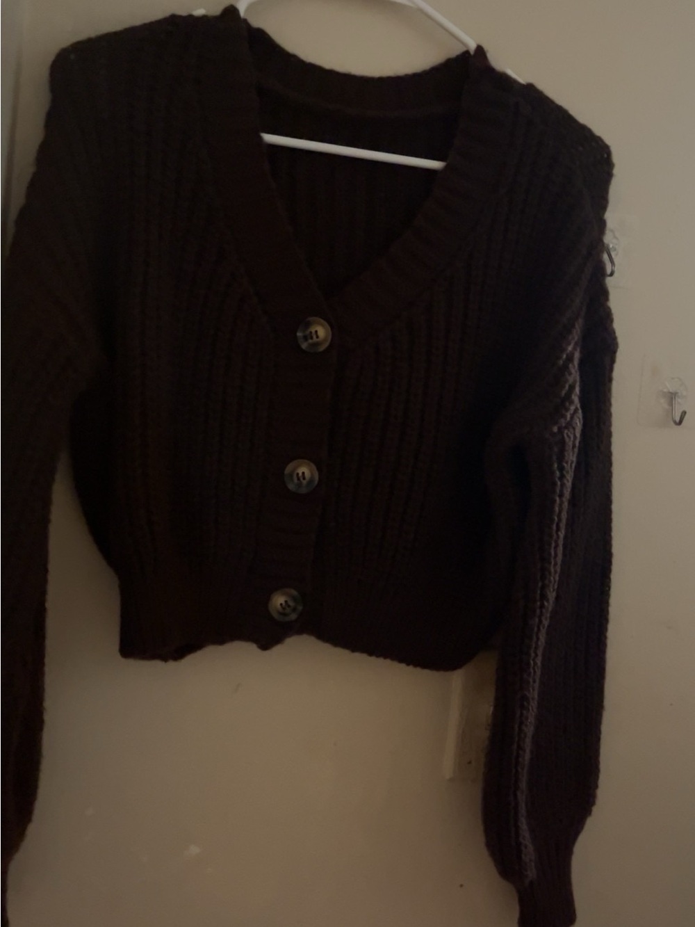 SHEIN Dark Brown Ribbed V-Neck Button Front Cropped Cardigan